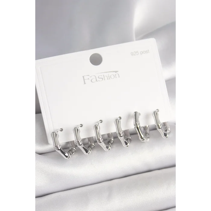 925 Ayar Gümüş Çivi Pirinç Gümüş Renk Bambu Halka Model Kadın Küpe Seti