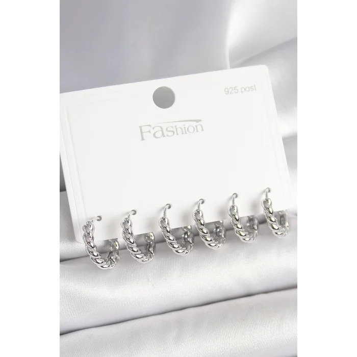 925 Ayar Gümüş Çivi Pirinç Gümüş Renk Sarmal Halka Model Kadın Küpe Seti