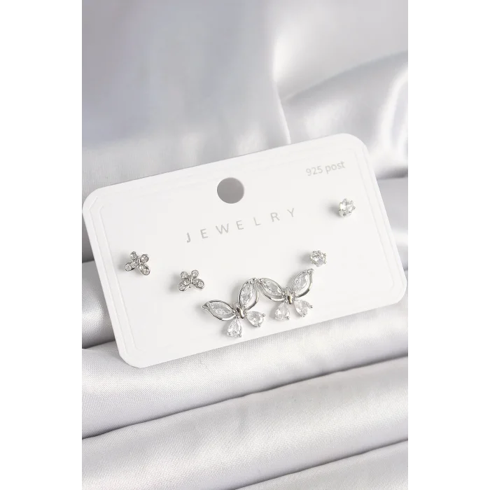 925 Ayar Gümüş Çivi Pirinç Gümüş Renk Zirkon Taşlı Kelebek Model Kadın Küpe Seti