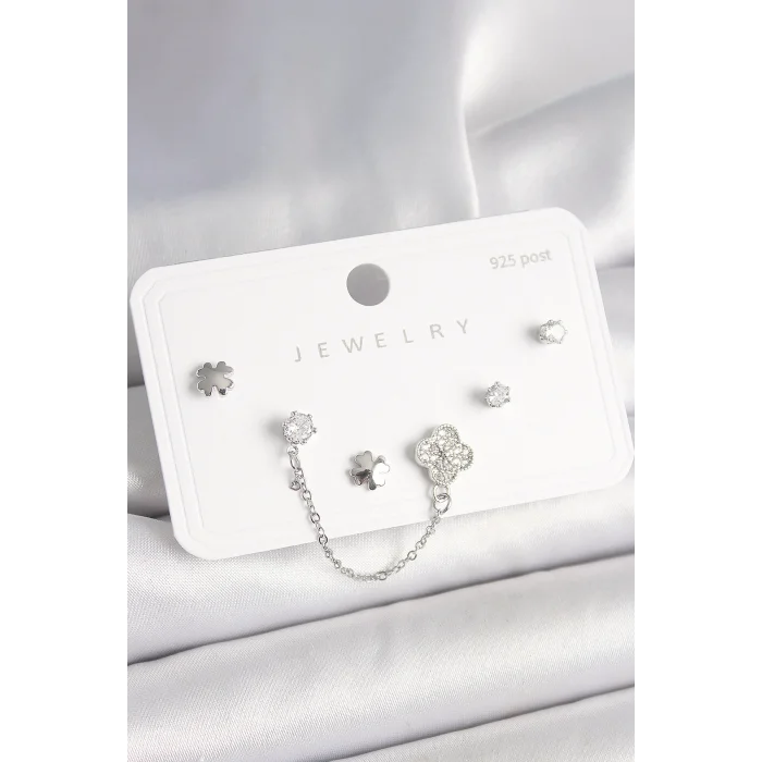 925 Ayar Gümüş Çivi Pirinç Gümüş Renk Zirkon Taşlı Yonca Model Sallantı Zincir Detay Kadın Küpe Seti