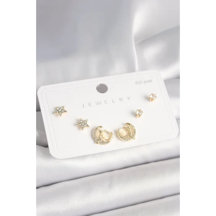 925 Ayar Gümüş Çivi Zirkon Taşlı Hilal Yıldız Model Kadın Küpe Seti