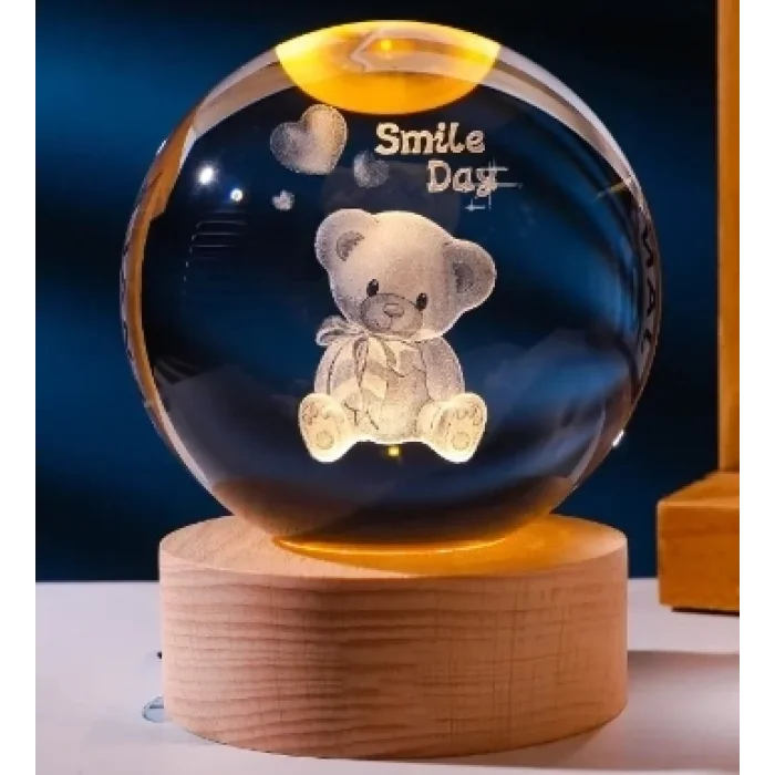 Dekoratif Ayıcık Tasarımlı Ahşap Altlıklı Işıklı Cam Küre Büyük Boy Cam:8cm Ahşap:2cm