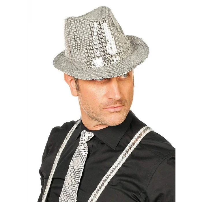 Disko  Gümüş Payetli Fötr Şapka Yetişkin Boy