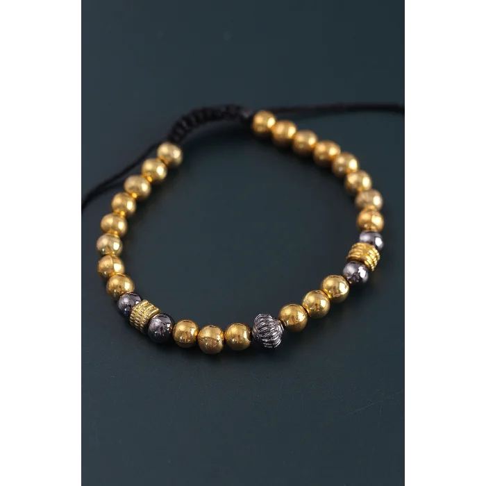 Doğal Taş Çember Model Gold Ve Füme Renk Asansörlü Erkek Bileklik