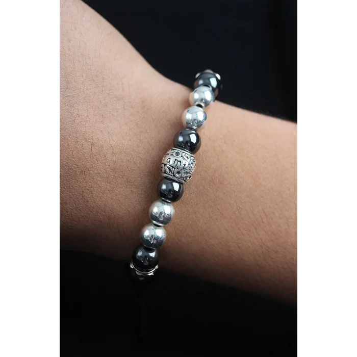 Doğal Taş Family Model Gümüş Ve Füme Renk Asansörlü Erkek Bileklik