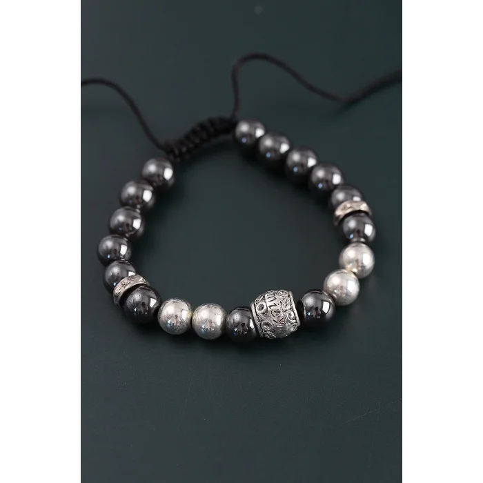 Doğal Taş Family Model Gümüş Ve Füme Renk Asansörlü Erkek Bileklik