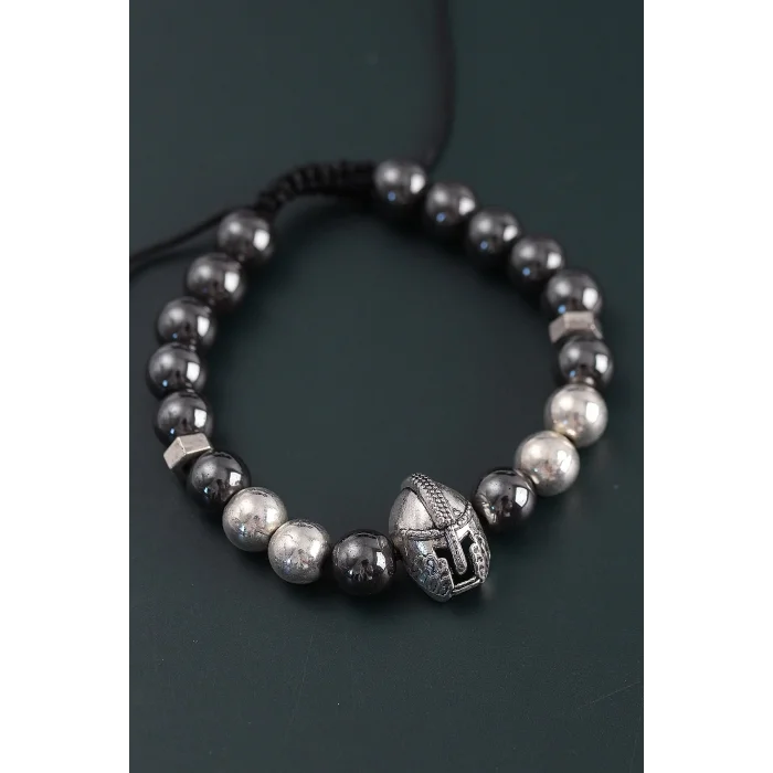 Doğal Taş Gladyatör Model Gümüş Ve Füme Renk Asansörlü Erkek Bileklik