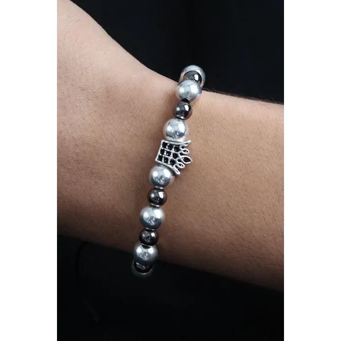 Doğal Taş Kral Tacı Model Gümüş Ve Füme Renk Asansörlü Erkek Bileklik