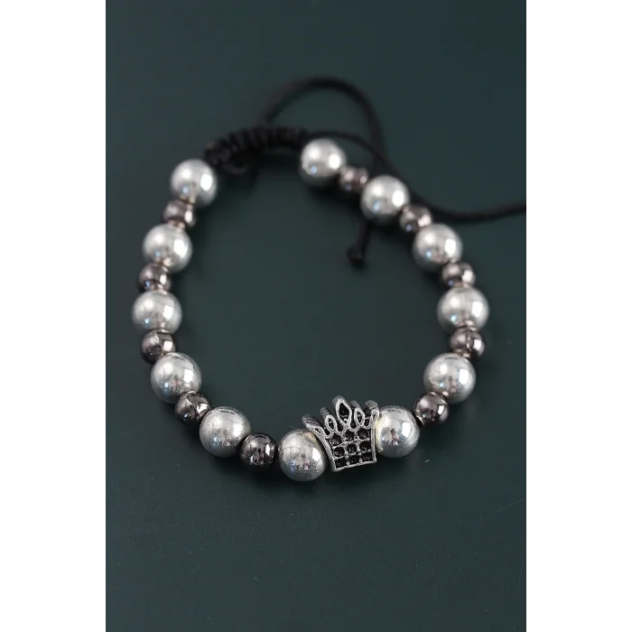 Doğal Taş Kral Tacı Model Gümüş Ve Füme Renk Asansörlü Erkek Bileklik