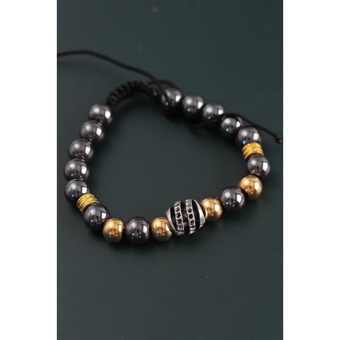 Doğal Taş Sarmal Model Gold Ve Füme Renk Asansörlü Erkek Bileklik