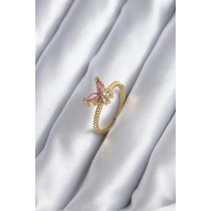Gold Renk Pembe Zirkon Taşlı Kelebek Model Kadın Yüzük