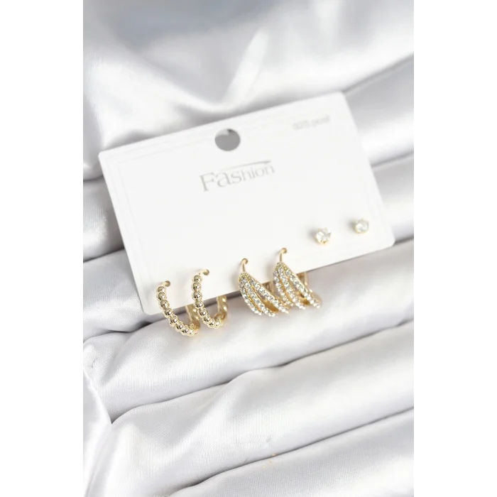 Gold Renk Pirinç 925 Ayar Gümüş Çivili Kadın Küpe Seti