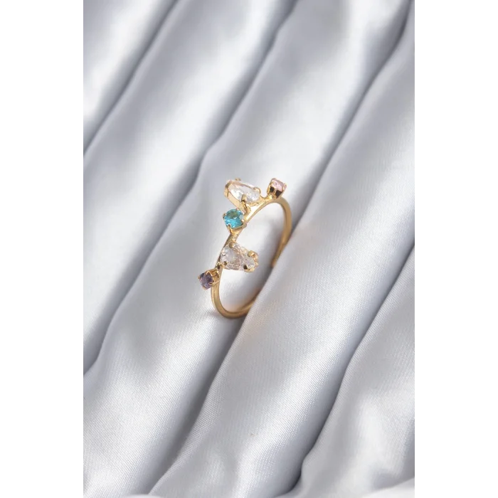 Gold Renk Renkli Zirkon Taşlı Kadın Yüzük