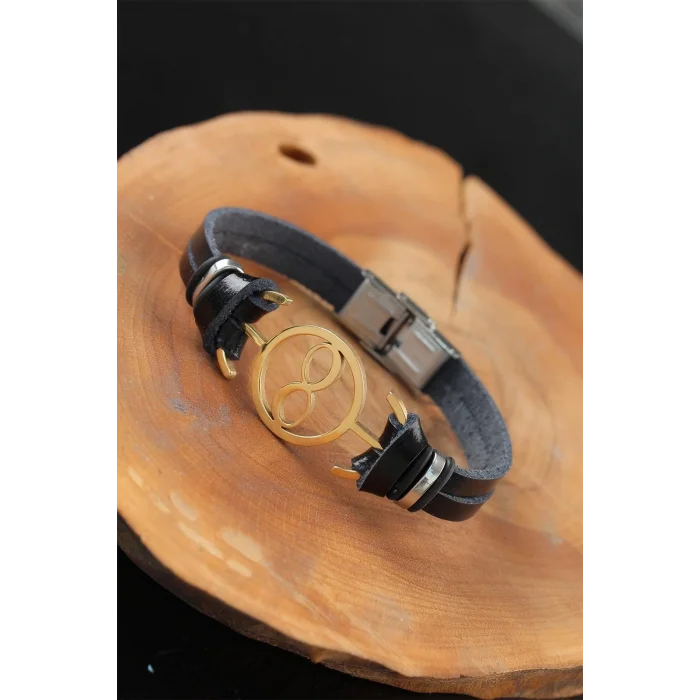 Gold Renk Sonsuzluklu Metal Aksesuarlı Siyah Renk Deri Erkek Bileklik