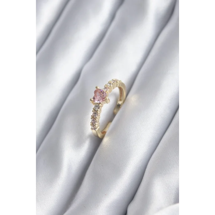 Gold Renk Zirkon Taşlı Pembe Kristal Kalp Model Kadın Yüzük