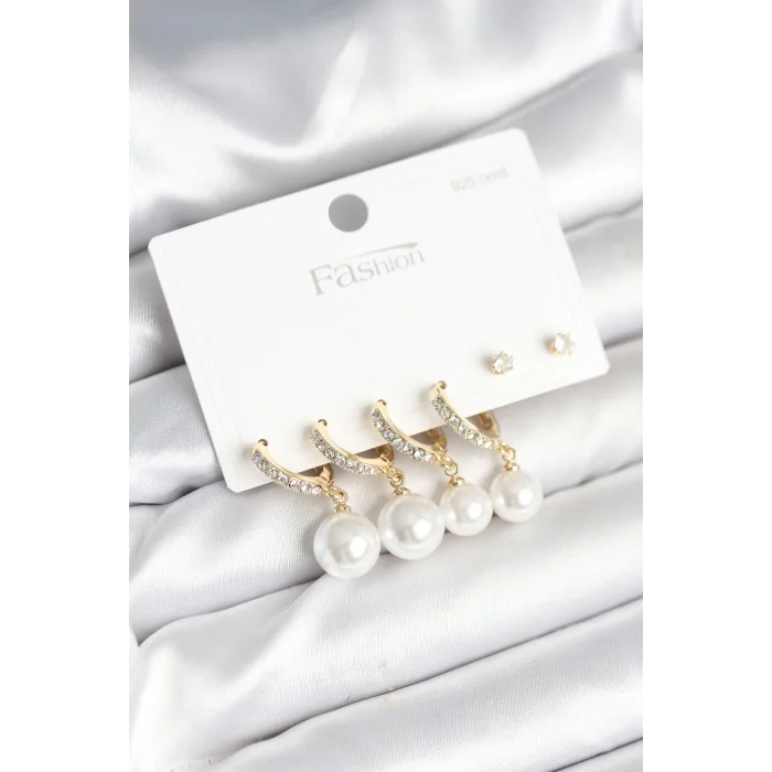 Gold Renk Zirkon Taşlı Pirinç İncili 925 Ayar Gümüş Çivili Küpe Seti