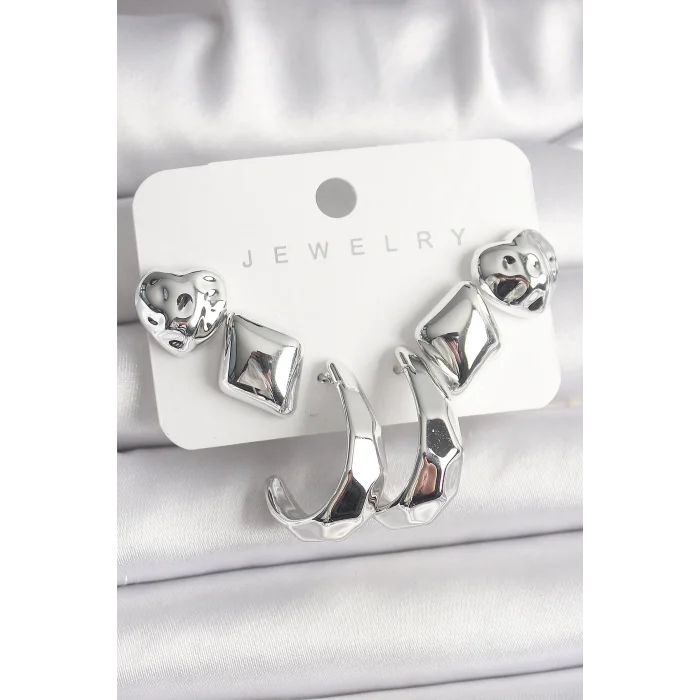 Gümüş Renk Kalp Halka Figür CCB Plastik Kadın Küpe Seti