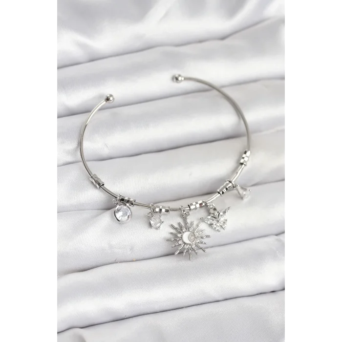 Güneş Charmlı Gümüş Renk Pirinç Kadın Bileklik