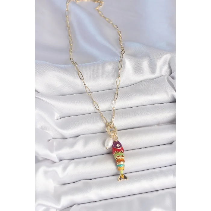 İnci Detaylı Zirkon Taşlı Rainbow Balık Figürlü Gold Renk Pirinç Kolye