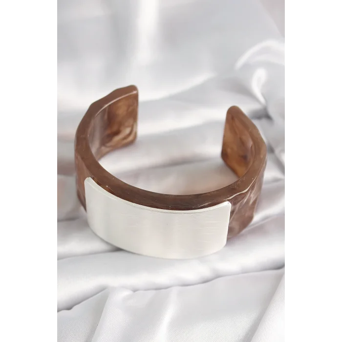 Kahverengi Mermer Desen Akrilik Plastik Gümüş Dikdörtgen Plaka Vintage Kadın Bilezik