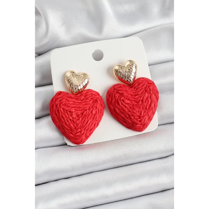 Kırmızı Kalp Figürlü Hasır Örgü Model Gold Renk Kadın Küpe