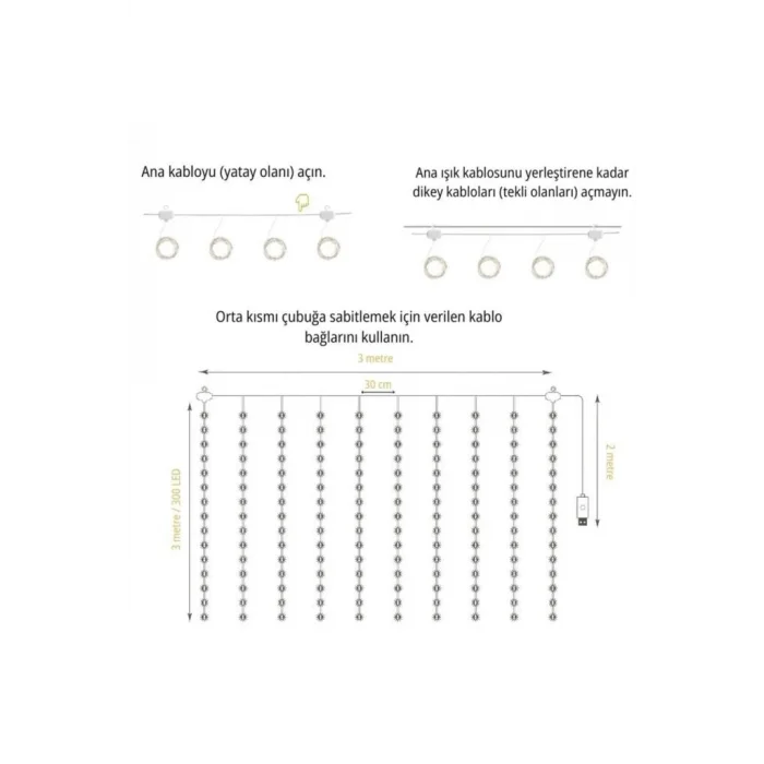 Lw-7 300 Ledli 10 Sarkıt Perde Led Işık, 8 Modlu Uzaktan Kumandalı, 3x3 Metre Peri Telli Led