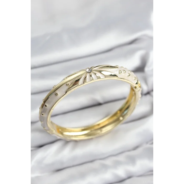 Mineli Pirinç Zirkon Taşlı Bej Desen Motifli Gold Kadın Kelepçe