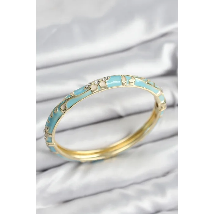 Mineli Pirinç Zirkon Taşlı Turkuaz Çiçek Motifli Gold Kadın Kelepçe