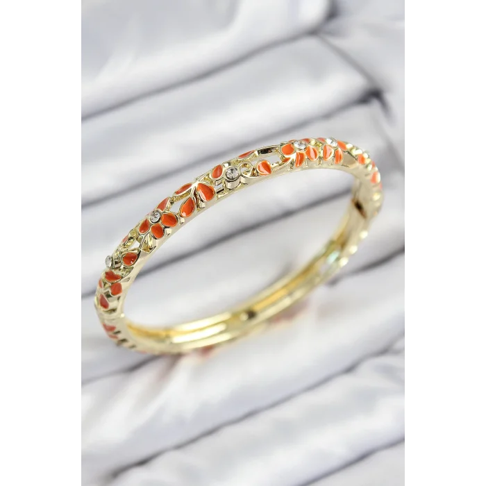 Mineli Pirinç Zirkon Taşlı Turuncu Çiçek Motifli Gold Kadın Kelepçe