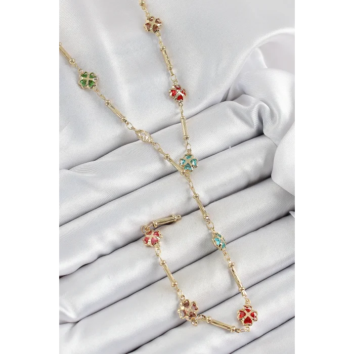 Pirinç Asorti Kalpli Yonca Model Gold Renk Zirkon Taşlı Y Kolye