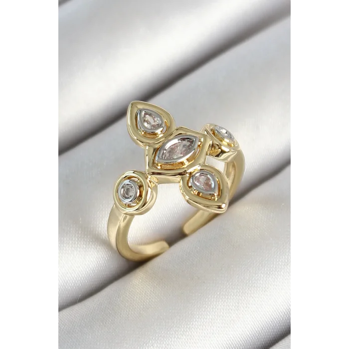 Pirinç Beş Taş Trend Figür Zirkon Taşlı Gold Renk Ayarlanabilir Kadın Yüzük