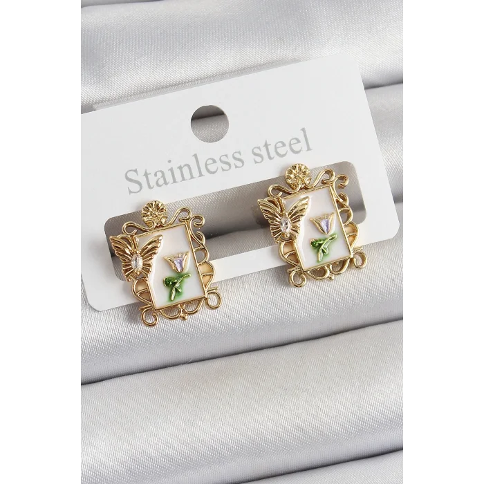 Pirinç Beyaz Mineli Sanatsal Portre Model Gold Renk Kadın Küpe