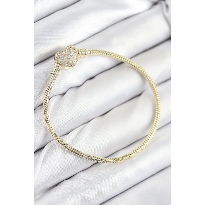 Pirinç Charm Zirkon Taşlı Kalp Model Gold Renk Kadın Bileklik
