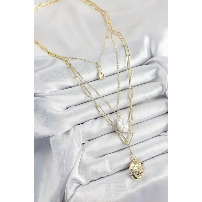 Pirinç Çoklu Zincirli İncili Deniz Kabuğu Model Gold Renk Kadın Kolye