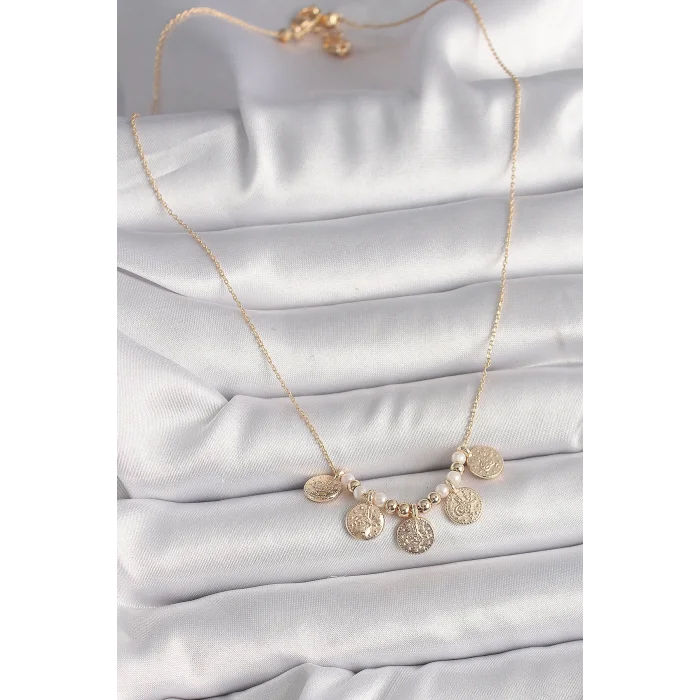 Pirinç Gold Renk 5Li Osmanlı Tuğra Figür İnci Detay Kadın Kolye