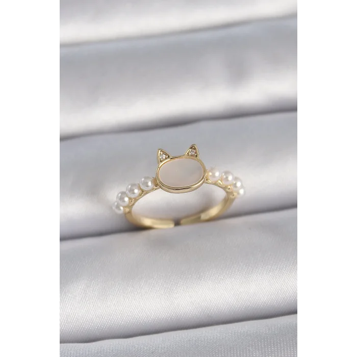 Pirinç Gold Renk Ayarlanabilir Beyaz Mineli Kedi Model İnci Detay Kadın Yüzük