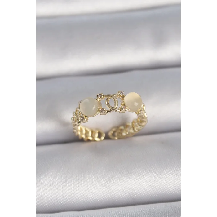 Pirinç Gold Renk Ayarlanabilir Zirkon Taşlı Beyaz Mineli Birleşik Halka Model Kadın Yüzük