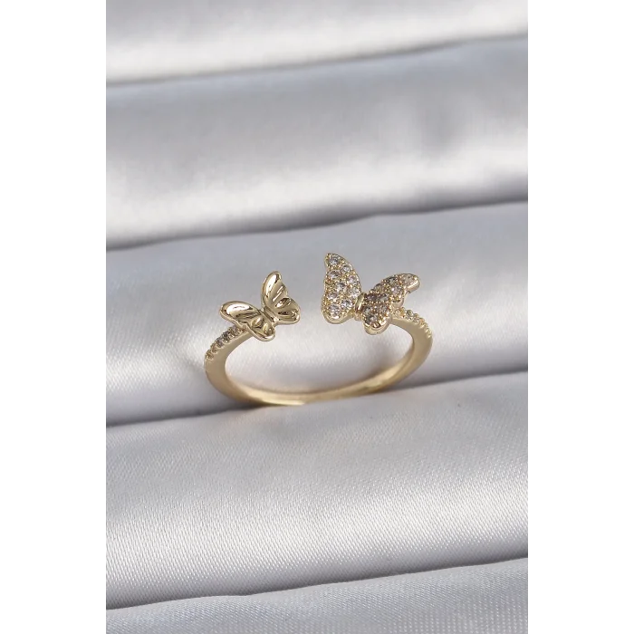 Pirinç Gold Renk Ayarlanabilir Zirkon Taşlı Kelebek Model Kadın Yüzük