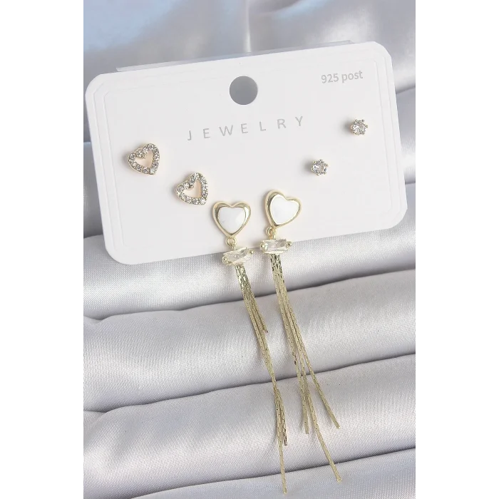 Pirinç Gold Renk Beyaz Mineli Sallantı Mineli Kalp Model Zirkon Taş Detaylı 925 Ayar Gümüş Çivi Kadın Küpe Seti