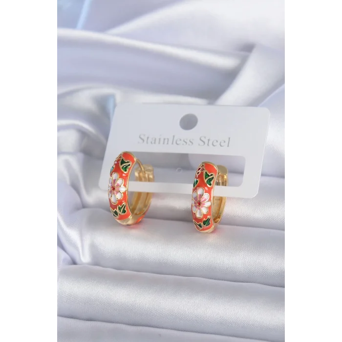 Pirinç Gold Renk Çiçek İşleme Turuncu Kadın Küpe