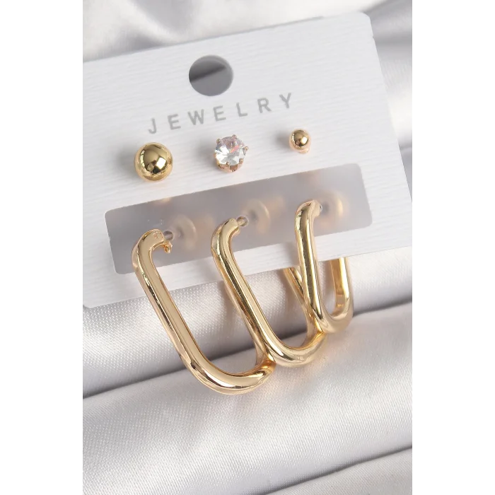 Pirinç Gold Renk Halka Model Zirkon Taş Topçuk Detay Kadın Küpe Seti