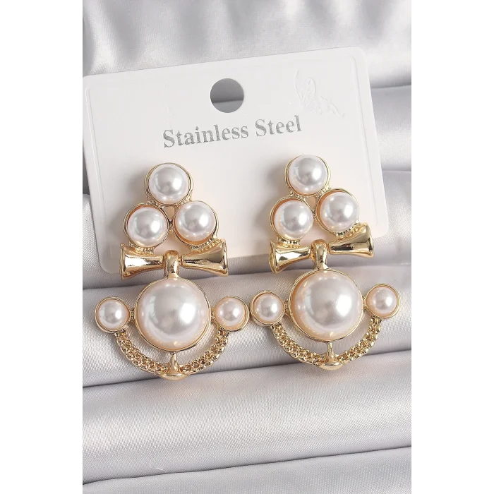 Pirinç Gold Renk İncili Çapa Model Kadın Küpe