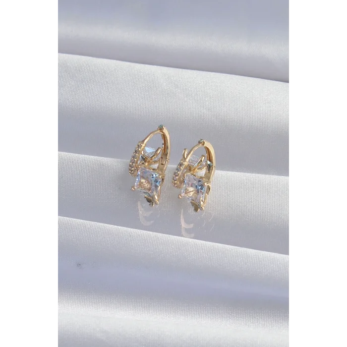 Pirinç Gold Renk İri Zirkon Taşlı Kıvrımlı Minimal Kelebekli Halka Küpe