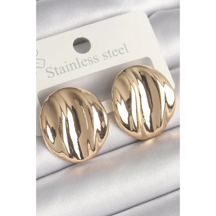 Pirinç Gold Renk İşlemeli Daire Plaka Model Kadın Küpe