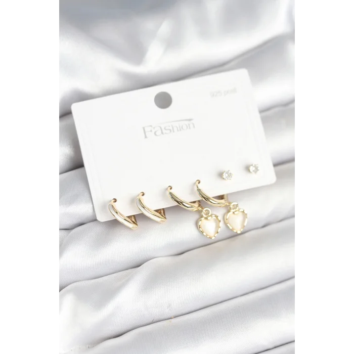 Pirinç Gold Renk Kalp Detaylı 925 Ayar Gümüş Çivili Kadın Küpe Seti