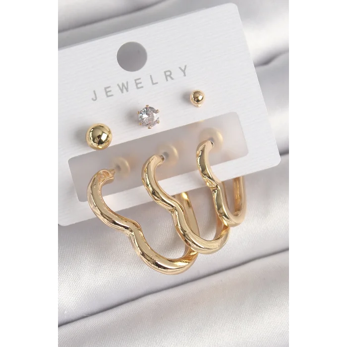 Pirinç Gold Renk Kalp Model Zirkon Taşlı Topçuk Detay Kadın Küpe Seti