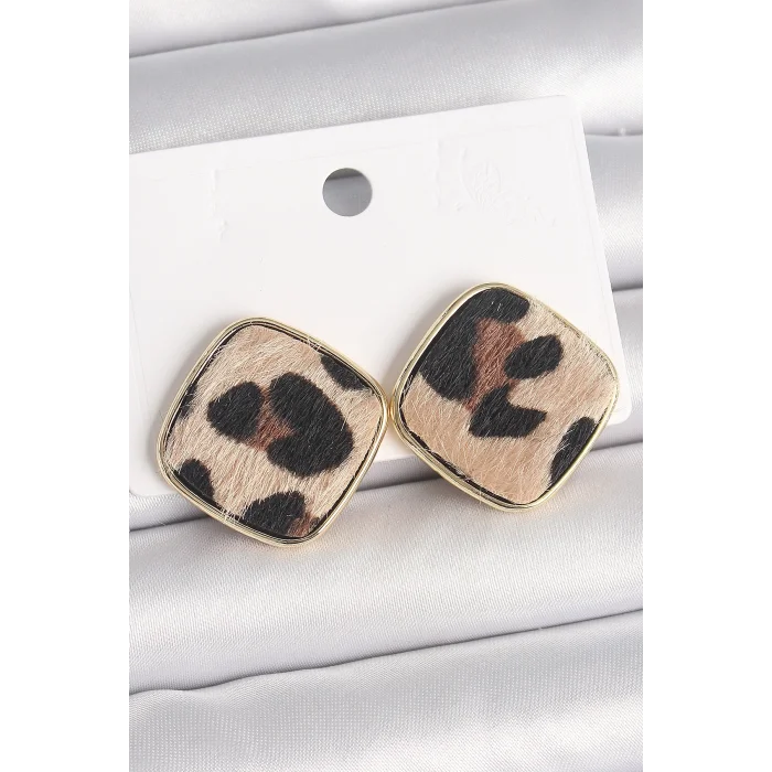 Pirinç Gold Renk Kare Leopar Model Kadın Küpe