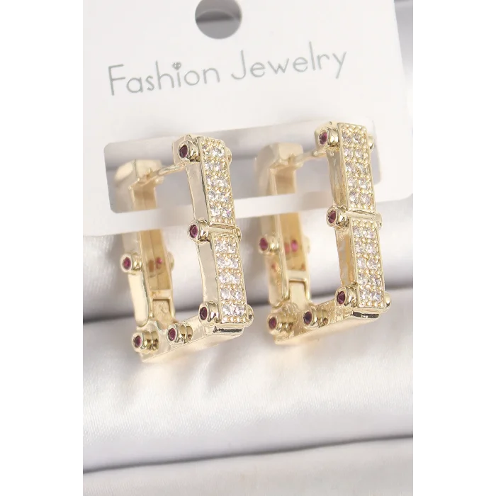 Pirinç Gold Renk Kare Zirkon Taşlı Kadın Küpe