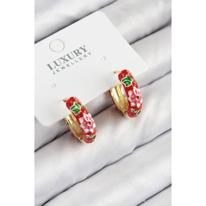 Pirinç Gold Renk Kırmızı Çiçek İşleme Mineli Kadın Küpe