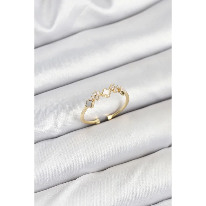 Pirinç Gold Renk Minimal Yonca Detaylı Kadın Yüzük